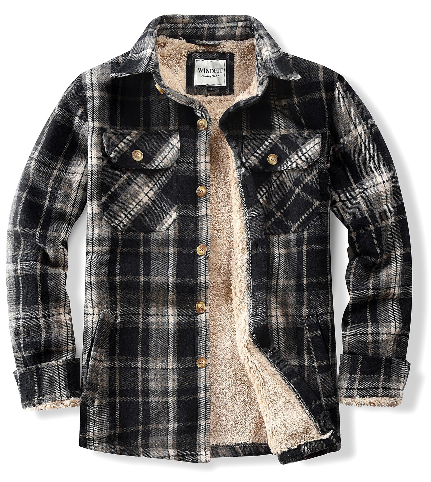 WINDFIT Men's Cotton Sherpa Button Down Flannel Shirt Jacket Plaid Shirt