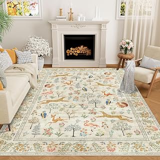 DUKINO Area Rug Washable Animal Living Room Rug Non Slip Vintage Soft Low Pile Large Rug for Bedroom Kids Room Dining Room Farmhouse Playroom White