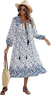 R.Vivimos Women's Long Sleeve Floral Print Retro V Neck Tassel Bohemian Midi Dresses
