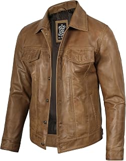fjackets Real Lambskin Vintage Trucker Leather Jacket Men - Shirt Collar Style Leather Jackets For Mens