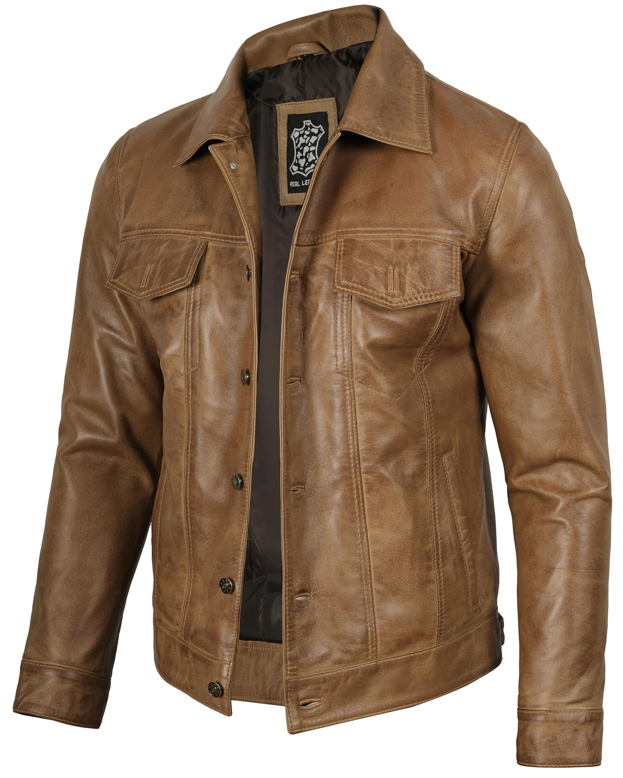 fjackets Real Lambskin Vintage Trucker Leather Jacket Men - Shirt Collar Style L