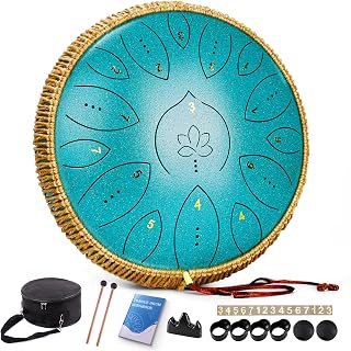Steel Tongue Drum 13 Inch 15 Notes, Steel Drums Instruments, Tongue Drums for Adults, Kids, and Beginners, Hand Pan Drum with Music Book, Drum Mallets and Carry Bag, Handpan C Major, Malachite Green