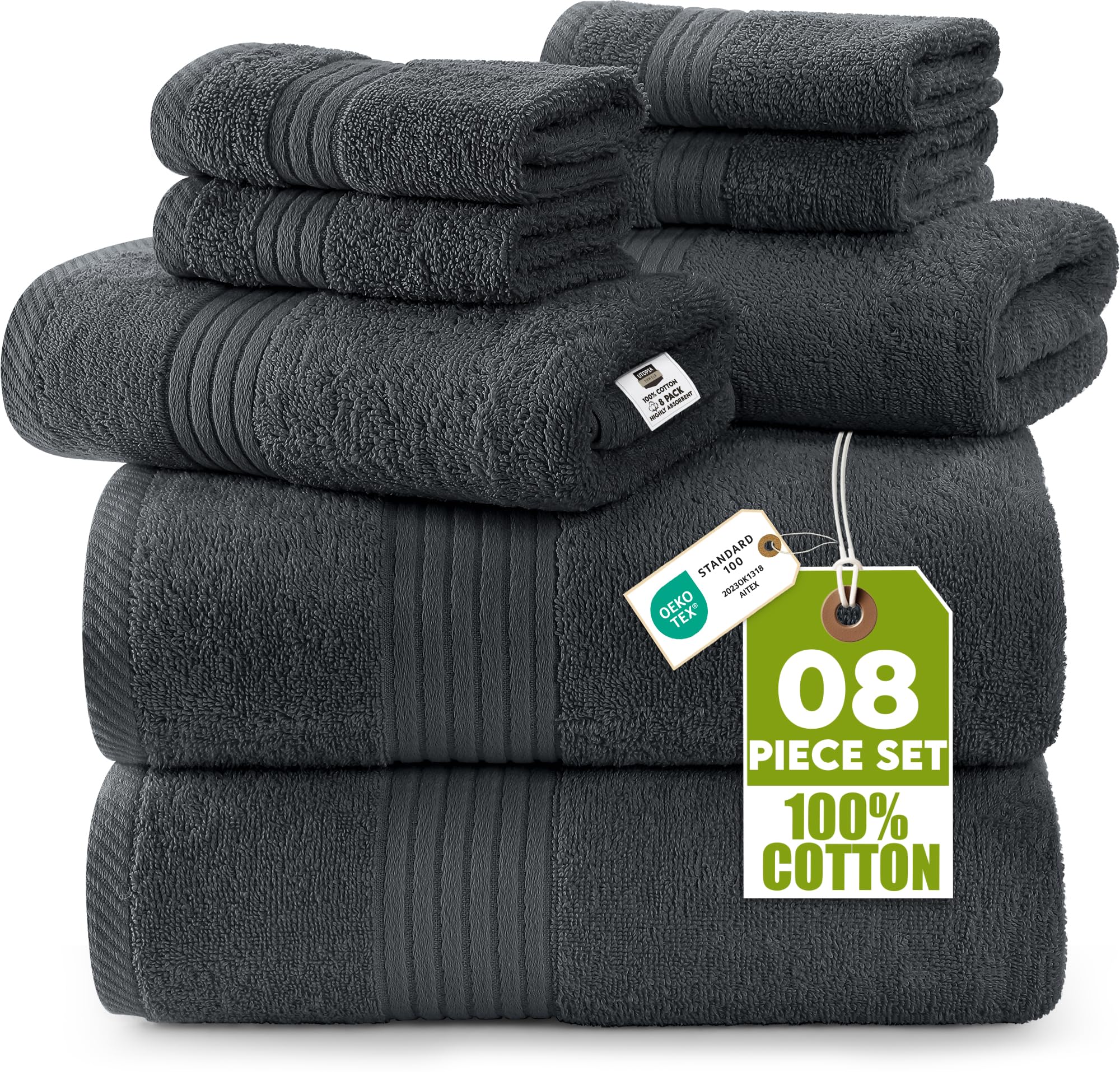 Utopia Towels 8 Piece Premium Towel Set, 2 Bath 2 Hand 4 Wash, Grey | 100% Ring 