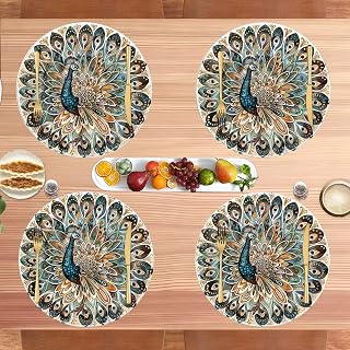 Set of 4 Round Woven Placemats - Peacock Washable Thick Linen Fabric Table Mats for Dining, Kitchen Parties and Home Decorations, Decorative and Durable - 14 Inch D56