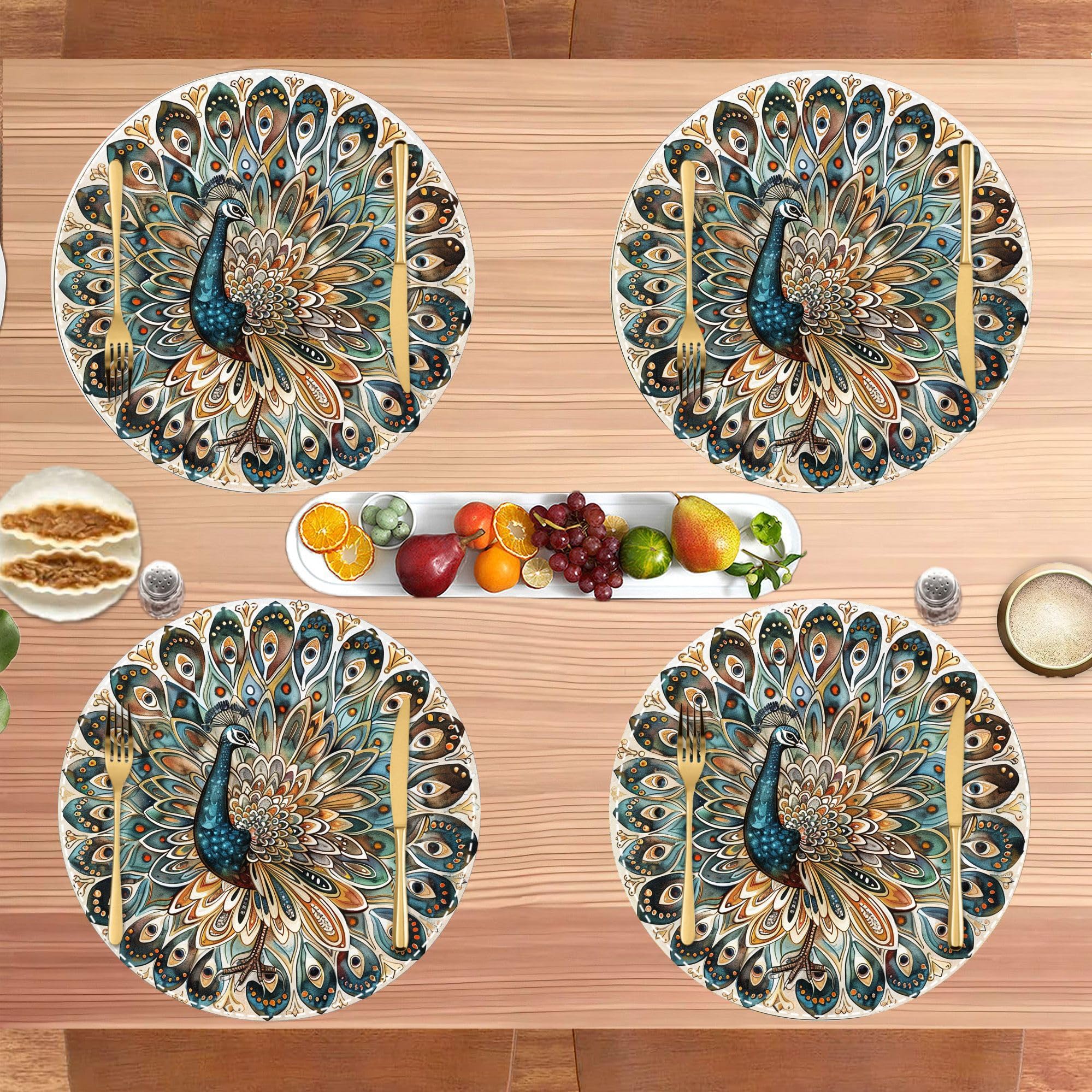 Set of 4 Round Woven Placemats - Peacock Washable Thick Linen Fabric Table Mats 