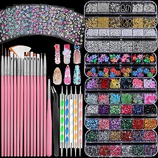 FANDAMEI Nail Charms and Nail Brushes, Nail Accessories Kit with 15 Pcs Nail Art Brushes, 6 Box Nail Charms and Gems, 10 Pcs Flower Nail Stickers, 5 Pcs Dotting Tools, Nail Art Kit with Nail Brush