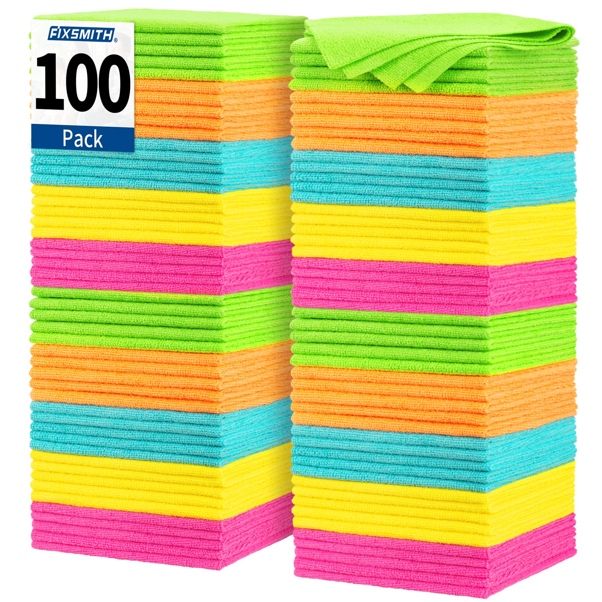 FIXSMITH Microfiber Cleaning Cloth, 100 Pack Shop Towels, Micro Fiber Cloth for 