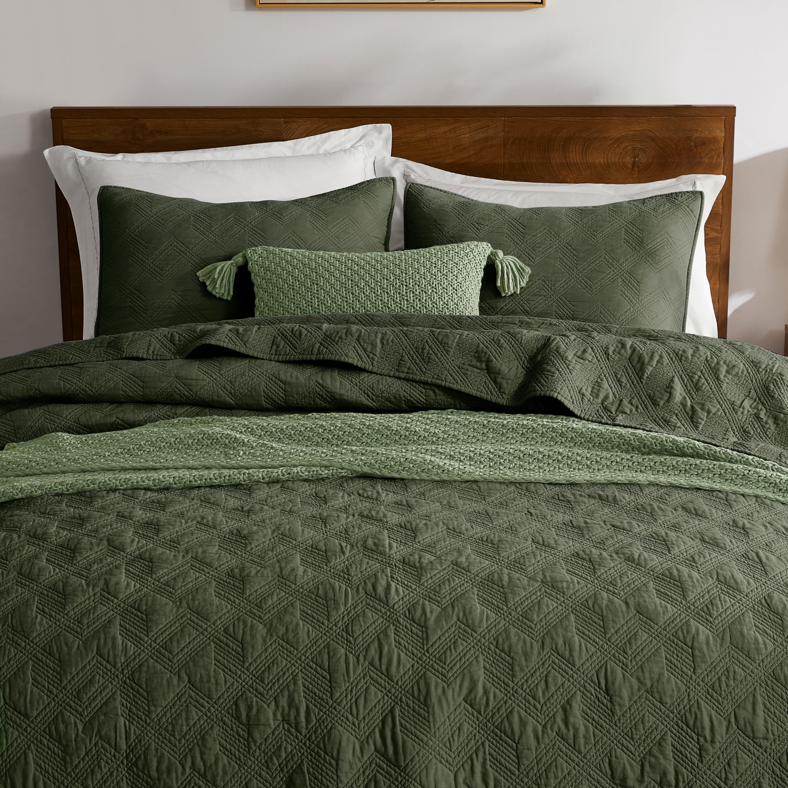 WDCOZY 100% Cotton King Size Quilt Set - Olive Green Pre-Washed Soft Lightweight
