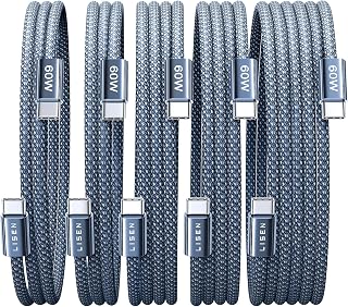 LISEN USB C Cable, 5-Pack [3.3/3.3/6.6/6.6/10FT] USBC to USBC Cable for iPhone 16e 15 Pro Max Charger Cord, 60W C to C Cable Fast Charging for Samsung S25/S24/23, Switch 2, iPad, MacBook, Midnight