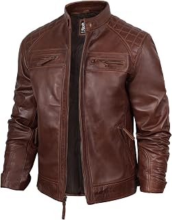 fjackets Mens Genuine Lambskin Moto Style Quilted Cafe Racer Classic Biker Jacket with Zip for Men