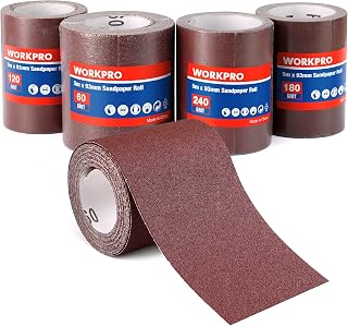 WORKPRO 4-Roll Sandpaper Roll Set, 93 mm x 5 m Sanding Paper | 4 Different Grits Included, Durable & Anti-clogging Aluminum Oxide Abrasive, Sanding & Polishing Use, Flexible Shape
