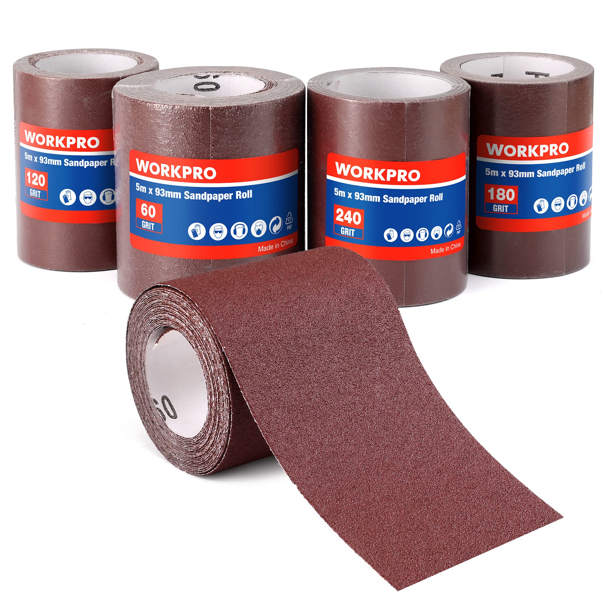 WORKPRO 4-Roll Sandpaper Roll Set, 93 mm x 5 m Sanding Paper | 4 Different Grits