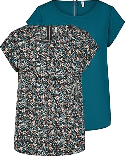 ONLY ONLVIC Pack of 2 Women's Basic T-Shirts, Round Neck, Regular Fit, Short Sleeve Blouse, Zip Top, Summer Print
