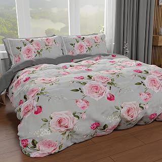 PETTI Artigiani Italiani - Microfibre Duvet Cover Set, Floral 20 Grey, 150 x 200 cm + 1 pillowcase 50 x 80 cm - Made in Italy