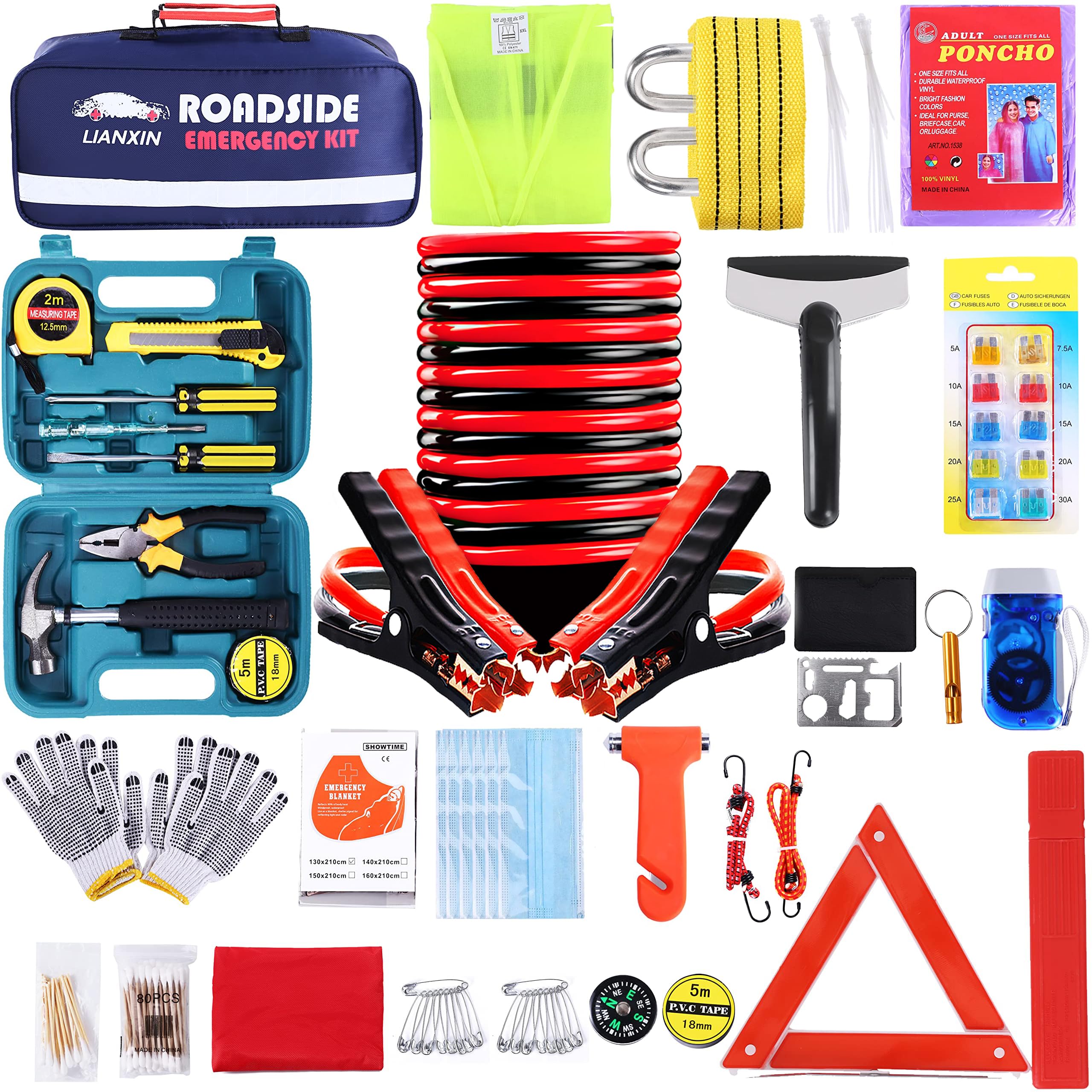 LIANXIN Emergency Roadside Kit for Car,Safety Car Kit with Jumper Cables | Roads