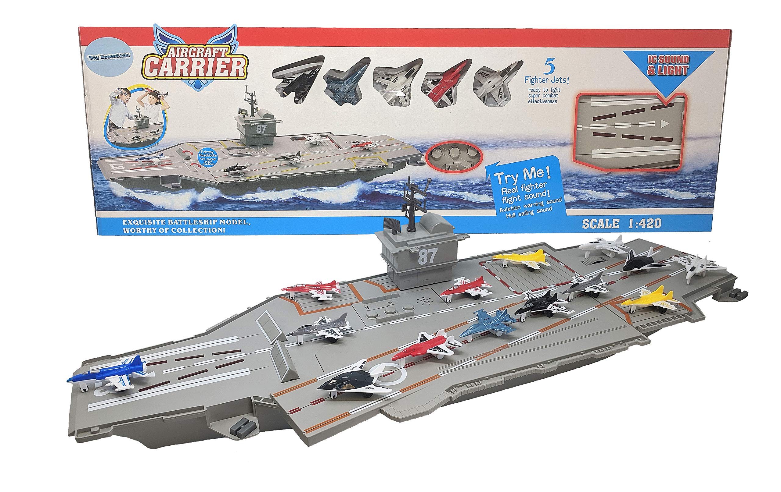 30 Inch Aircraft Carrier Toy | Sound Effects, Light Up, 14 Fighter Jets