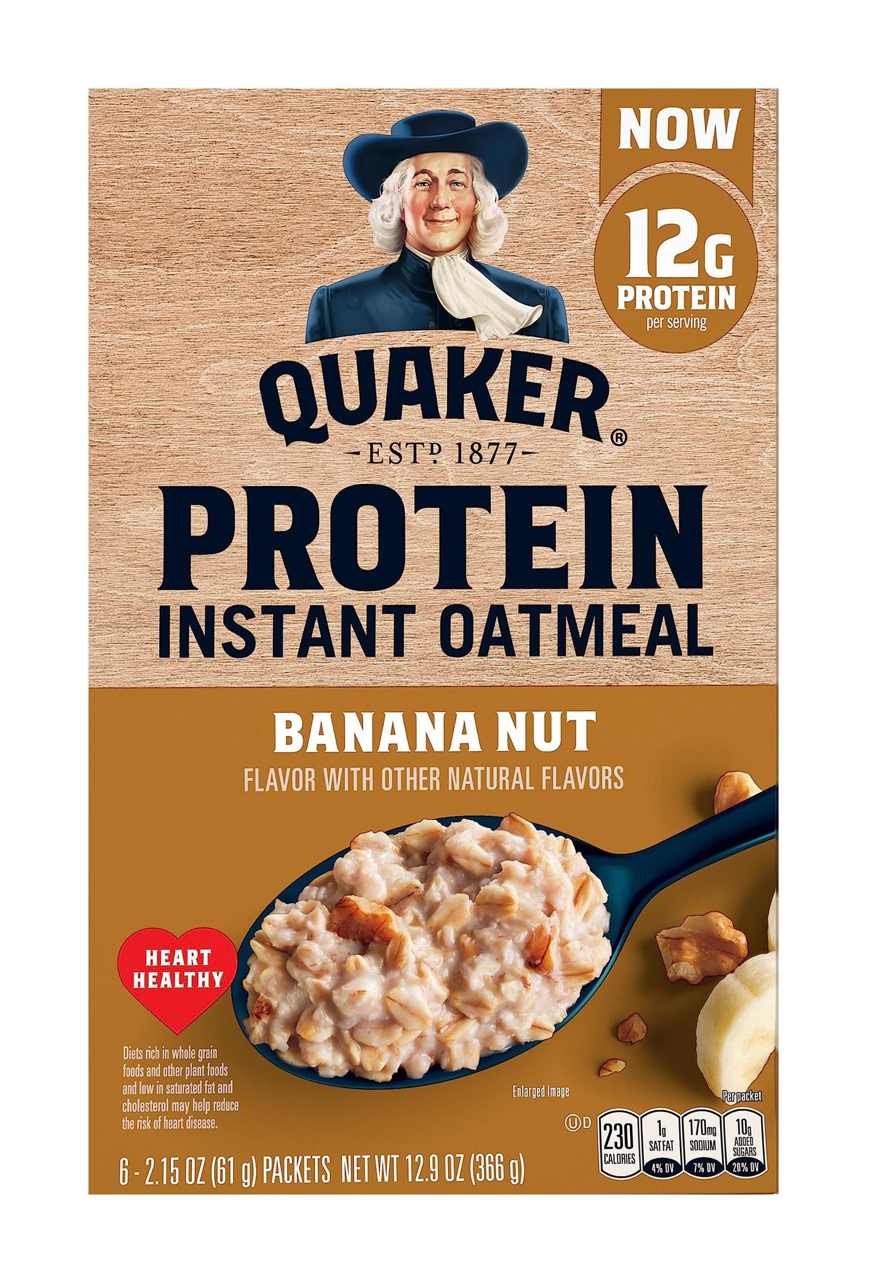 Quaker, Protein Instant Oatmeal, Banana Nut, 12.9 Oz, 6 Count (Pack of 1)