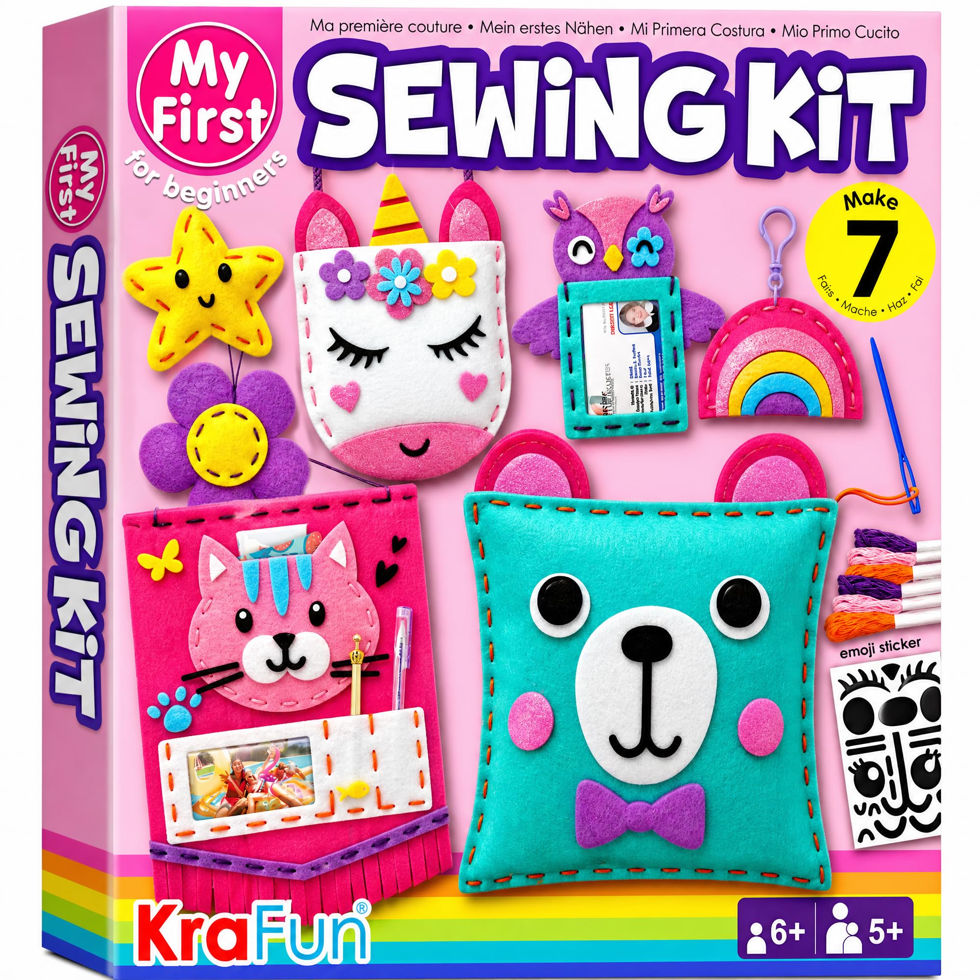 KRAFUN My First Sewing Kit for Kids Ages 6-12 | 7 Animal Dolls | 7 stuffed anima
