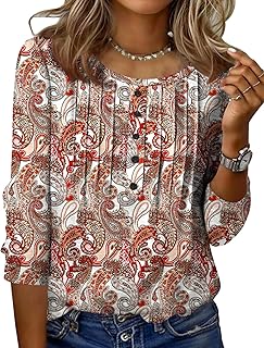 Zeagoo 3/4 Sleeve Women Tops Round Neck Casual Summer Tunic Tops Basic Tees Blouses Elegant Pleated T-Shirts