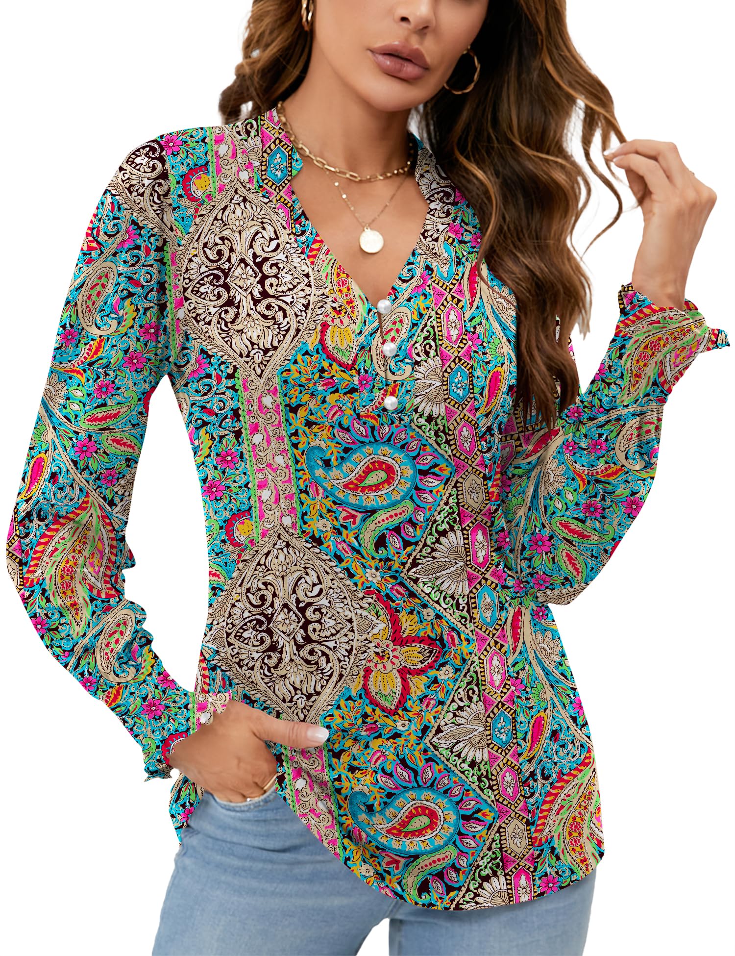 Rapbin Women V Neck Blouses Long Sleeve Button Down Long Sleeve Blouses Autumn T