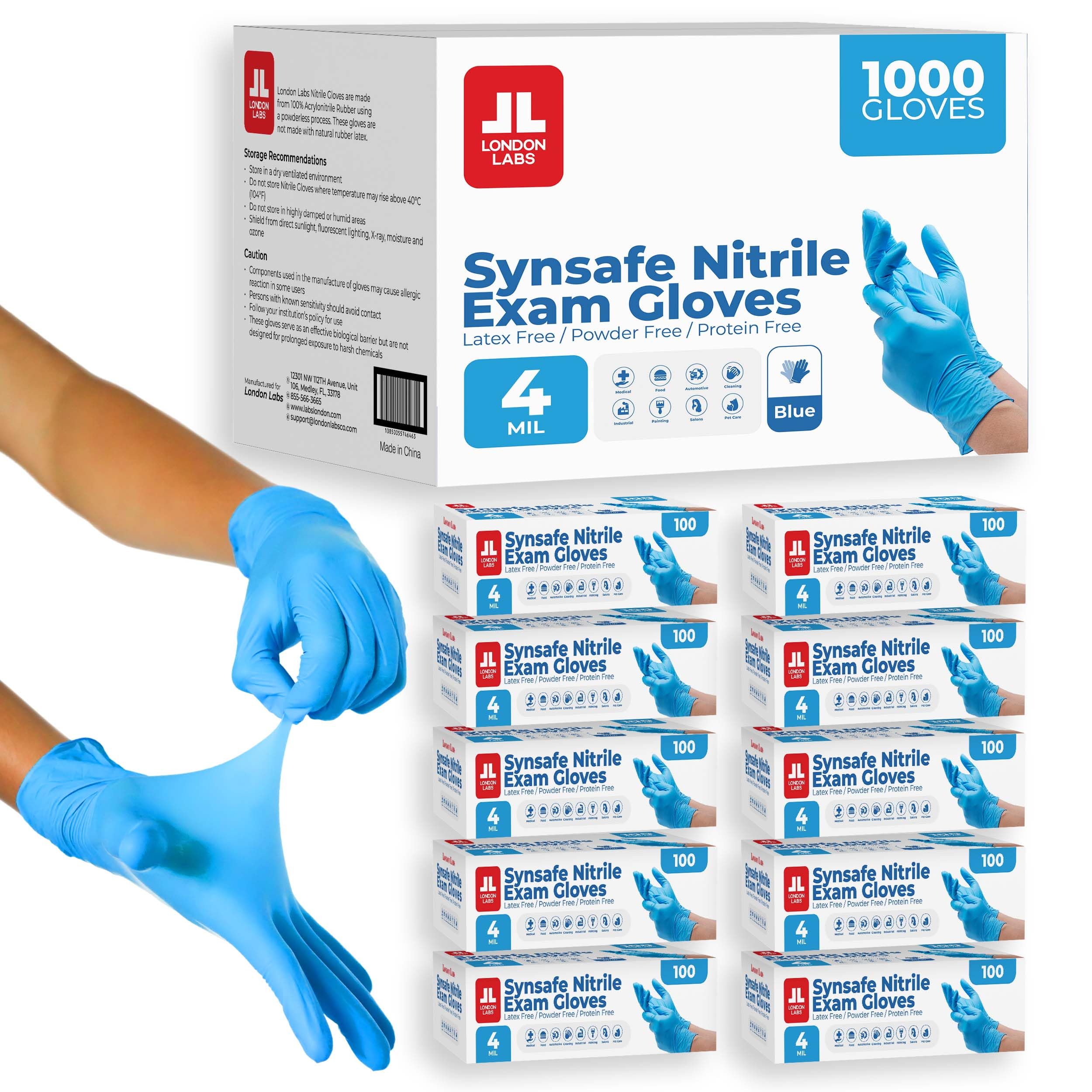 London Labs Synsafe 4 Mil - Blue Nitrile Exam Gloves –Disposable Latex Free & Po