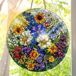 Colorful Acrylic Suncatcher, Flower Hanging Window Decor with Printed Stained Glass Design, Rainbow Dream Catcher, Wall Decor, Christmas Ornaments for Indoor and Outdoor Use
