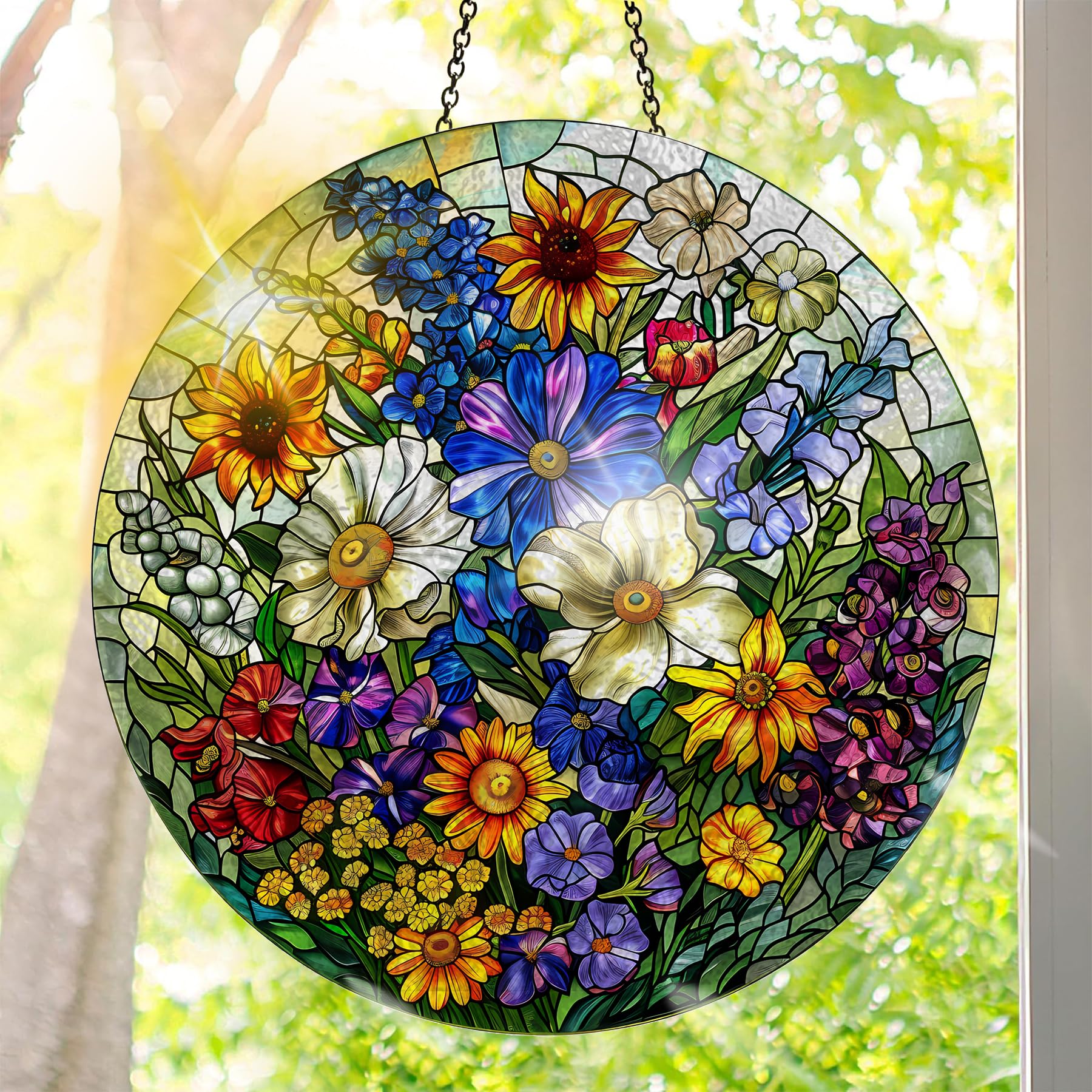 Colorful Acrylic Suncatcher, Flower Hanging Window Decor with Printed Stained Gl