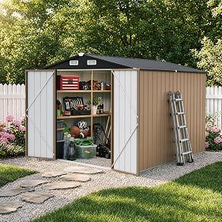LAUSAINT HOME 8 x 10 FT Outdoor Storage Shed, Heavy Duty Galvanized Steel Storage Shed with Double Lockable Doors, Gable Roof & Air Vent for Backyard & Patio, Brown