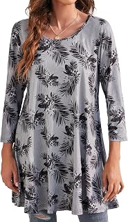 Enmain Women's Shirt, Flowers, Long-Sleeve Shirt, Casual, Elegant, 3/4 Sleeve, Crew Neck, Longline Blouse, S–3XL