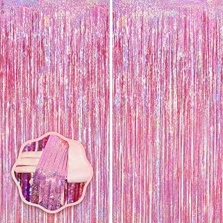 Voircoloria Laser Pink Foil Fringe Backdrop Curtains,3.3x6.6ft, 2 Pack | Tinsel Streamers, Door Shimmer, For Baby Shower, Birthday Party Decorations, Graduations, Velentines