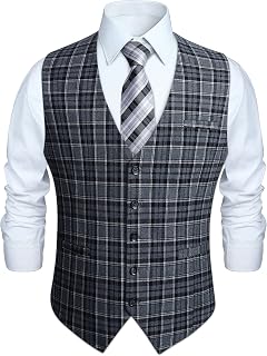HISDERN Mens Burnt Orange Waistcoat Wedding Formal Cotton Plaid Classic Check Party Business Suit Vest