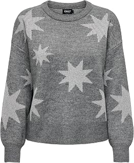 ONLY ONLROSIE LS O-Neck Glitter KNT, Women's Pullover Sweater, Medium Grey Melange/Pattern:Silver Glitter,