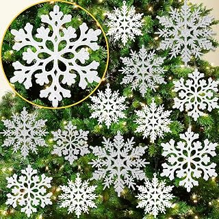 White and Silver Christmas Snowflake Hanging Ornaments 18pcs Plastic Glitter Hanging Snowflake Christmas Tree Winter Wonderland Frozen Birthday Party Holiday Home Decoration Craft Snowflake