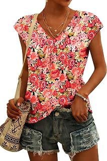 WIHOLL Ladies Vest Tops for Women UK Ladies Summer Tops Blouses Cap Sleeve V Neck T Shirts Loose Fit