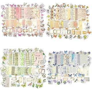OKUPAN Vintage Floral Scrapbook Paper &amp; Journaling Stickers, 400pcs | 4 Pack Assorted Set, Junk Journal Scrapbook Supplies for Bullet Journaling, Retro Crafts, Planner, Collage Card Album