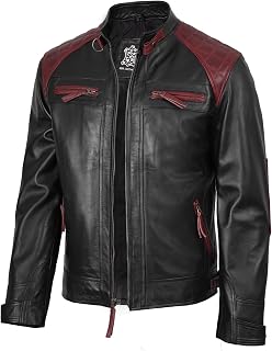 fjackets Mens Leather Jacket Moto Style Real Lambskin Leather Jacket, Quilted Cafe Racer Classic Zip Up Biker Jacket for Mens