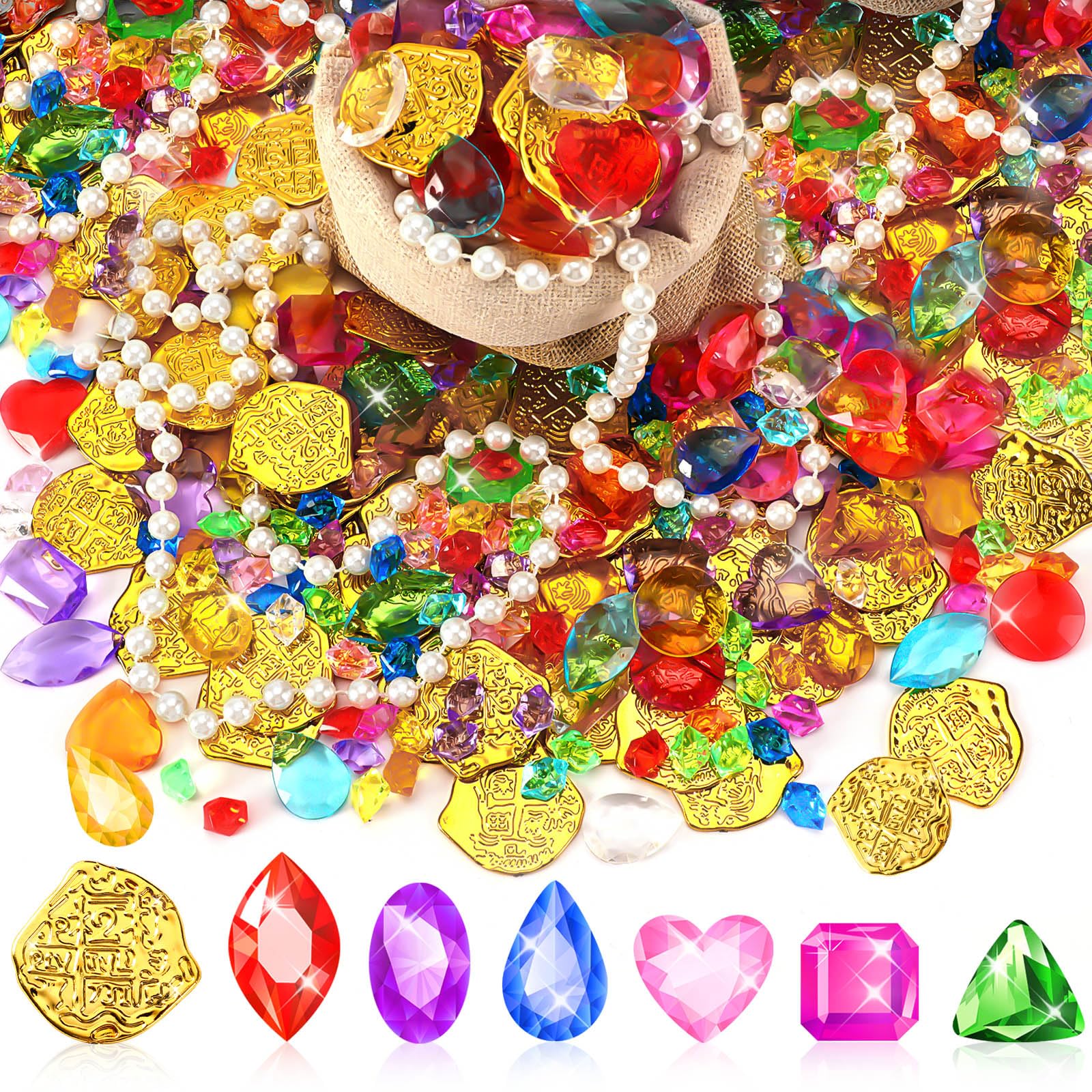 MARFOREVER Pool Toys Pirate Treasure Gems and Gold Coins 246 Pcs | Fake Coins, P