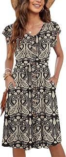 MOLERANI Women's Summer Dresses Ruffles V-Neck Casual Swing Elastic Waist Midi Dress with Pockets