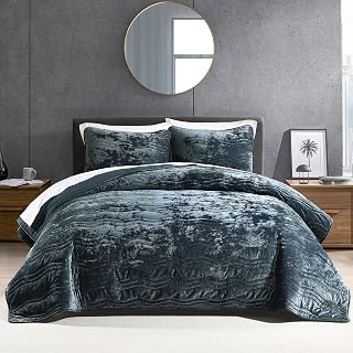 Luxurious Velvet Queen Size Comforter Set,Stormy Blue Wave Pattern