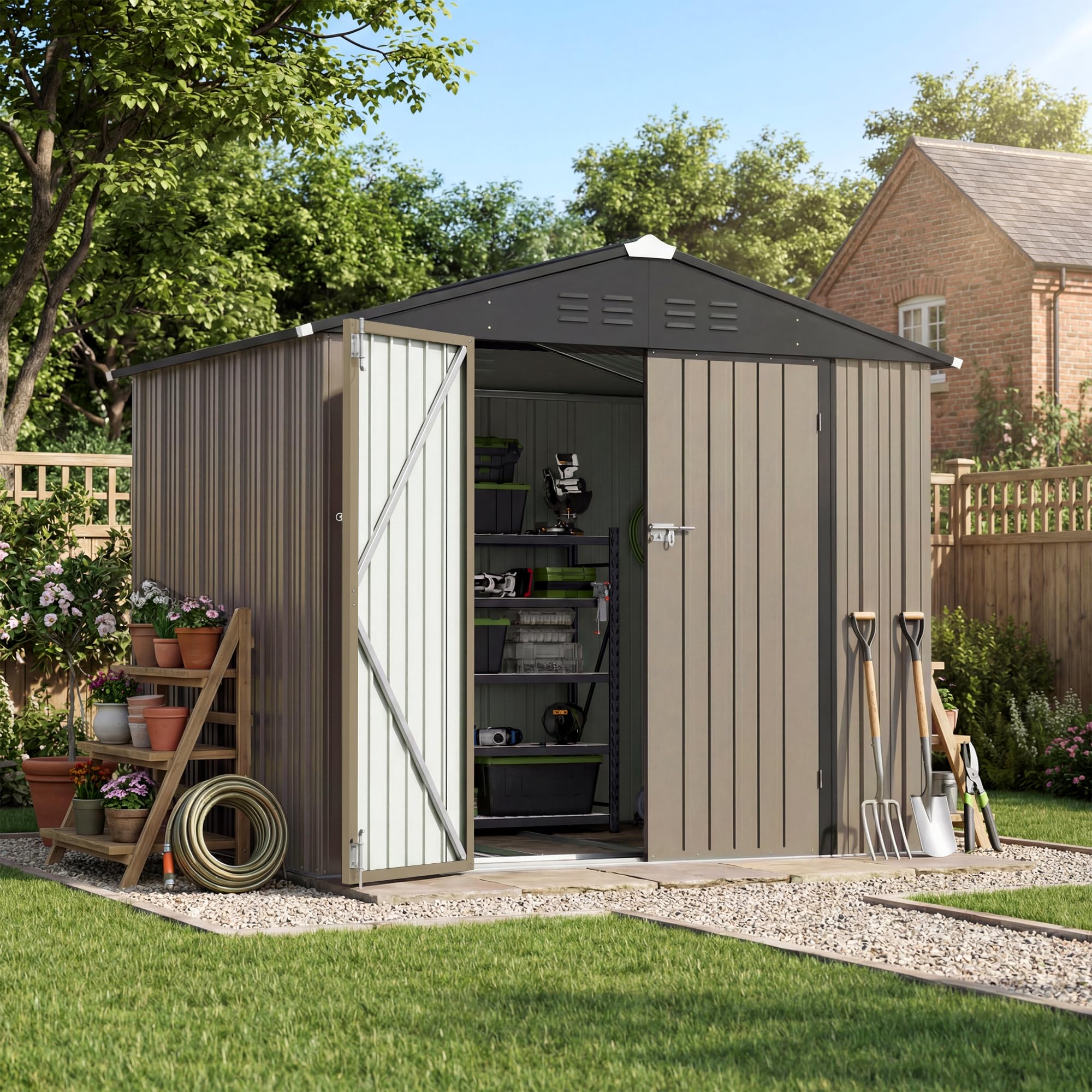 Patiowell 8x6 FT Outdoor Storage Shed with Floor Frame, Metal Garden Sheds | Wat