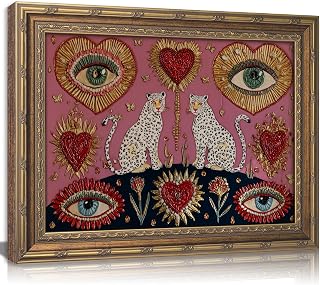 Vintage Gold Framed Gothic Leopard Wall Art Boho Witchy Psychedelic Eye Heart Canvas Prints Pink Cheetah Poster Mystical Jungle Animal Painting Picture Artwork for Bedroom Living Room Decoration