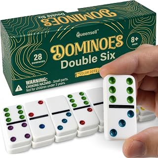 Dominos Set for Adults with Colored Dots - Double 6 Dominoes Set is a Classic Board Games for Kids and Adults - Double Six Standard Dominos Set 28 Tiles