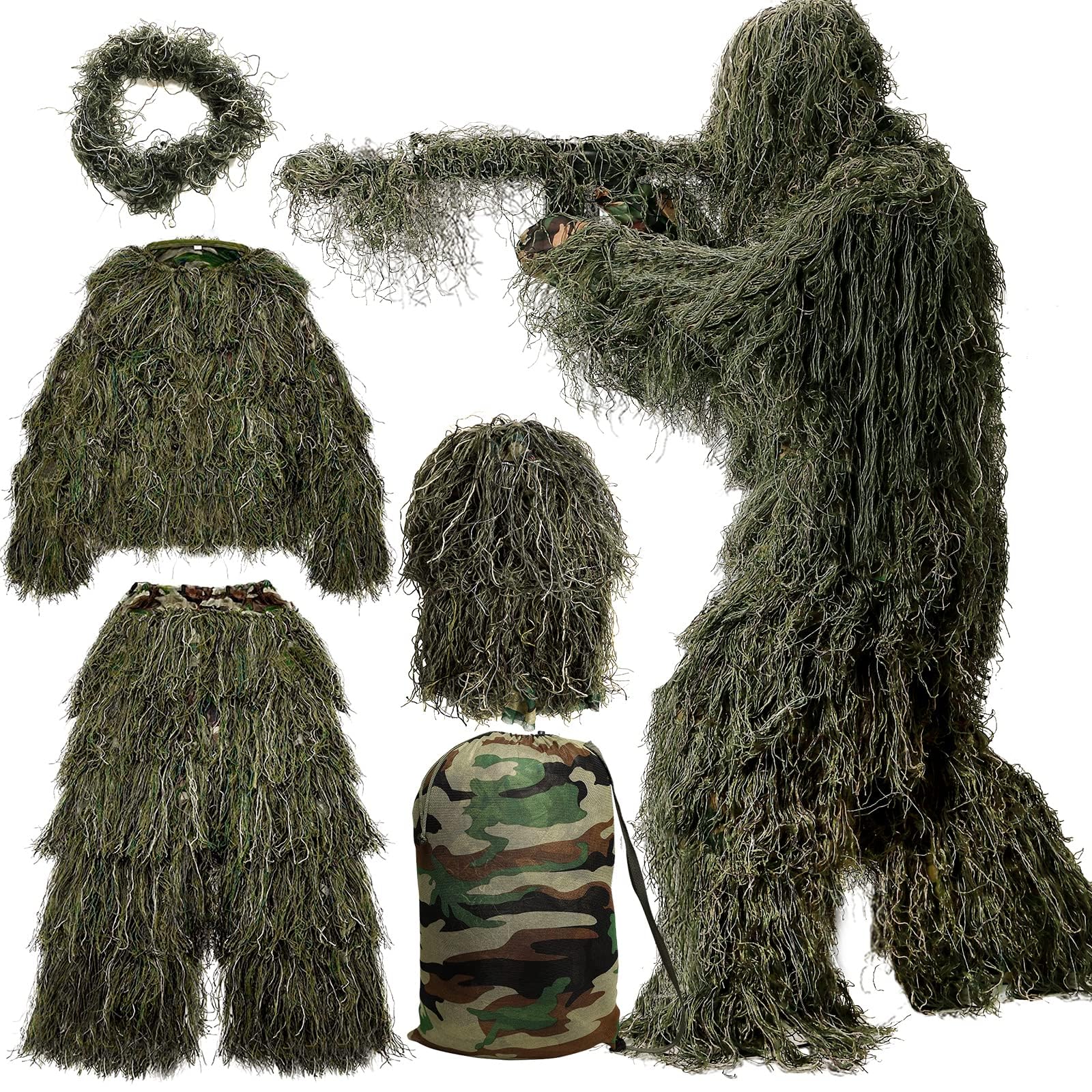 MOPHOTO 5 in 1 Ghillie Suit 3D Camouflage Hunting Suits - Jacket, Pants, Hood, C