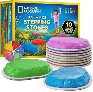 NATIONAL GEOGRAPHIC Stepping Stones for Kids – Durable, Colorful, Non-Slip Balance Stones Encourage Toddler Gross Motor Skills, Includes Game Spinner, Indoor & Outdoor Toys, Obstacle Course