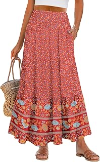 ANRABESS Maxi Skirts for Women 2026 Summer Boho Long Flowy Floral Elastic High Waist Skirt Casual Travel Skirt with Pockets