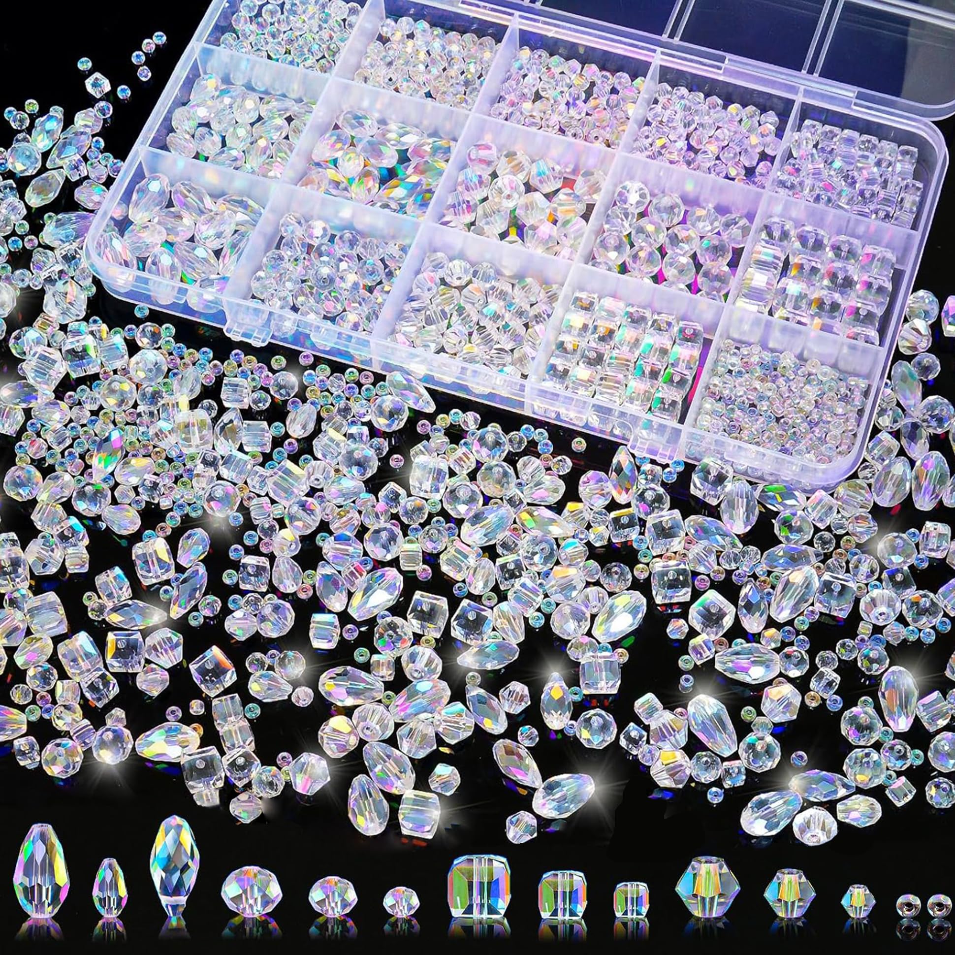 Laopottbeads 1500 Pcs Crystal Glass Beads for Jewelry Making – 12 Styles Bicone,
