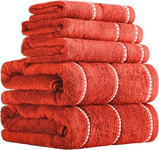 Lavish Home 6 Pack Luxury Quick Dry Cotton Towels - Soft Fiber Non Twisted - Includes 2 Bath Towels, 2 Hand Towels and 2 Washcloths (Brick/White) 12" x 12"