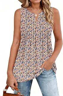 Zeagoo Camiseta sin mangas plisada de verano para mujer, cuello en V, elegante, casual, holgada, bohemia