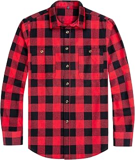 J.VER Mens Flannel Plaid Shirt Long Sleeve Regular Fit Casual Plaid Button Down Cotton Work Shirt S-8XL, 01 Red and Black, L Tall