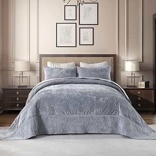 California King Patchwork Velvet Comforter,Light Blue Wave Pattern
